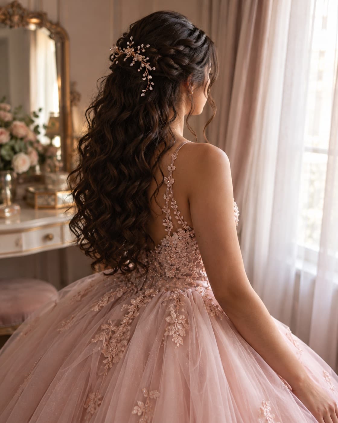 Debutante de vestido rosé com semipreso cacheado